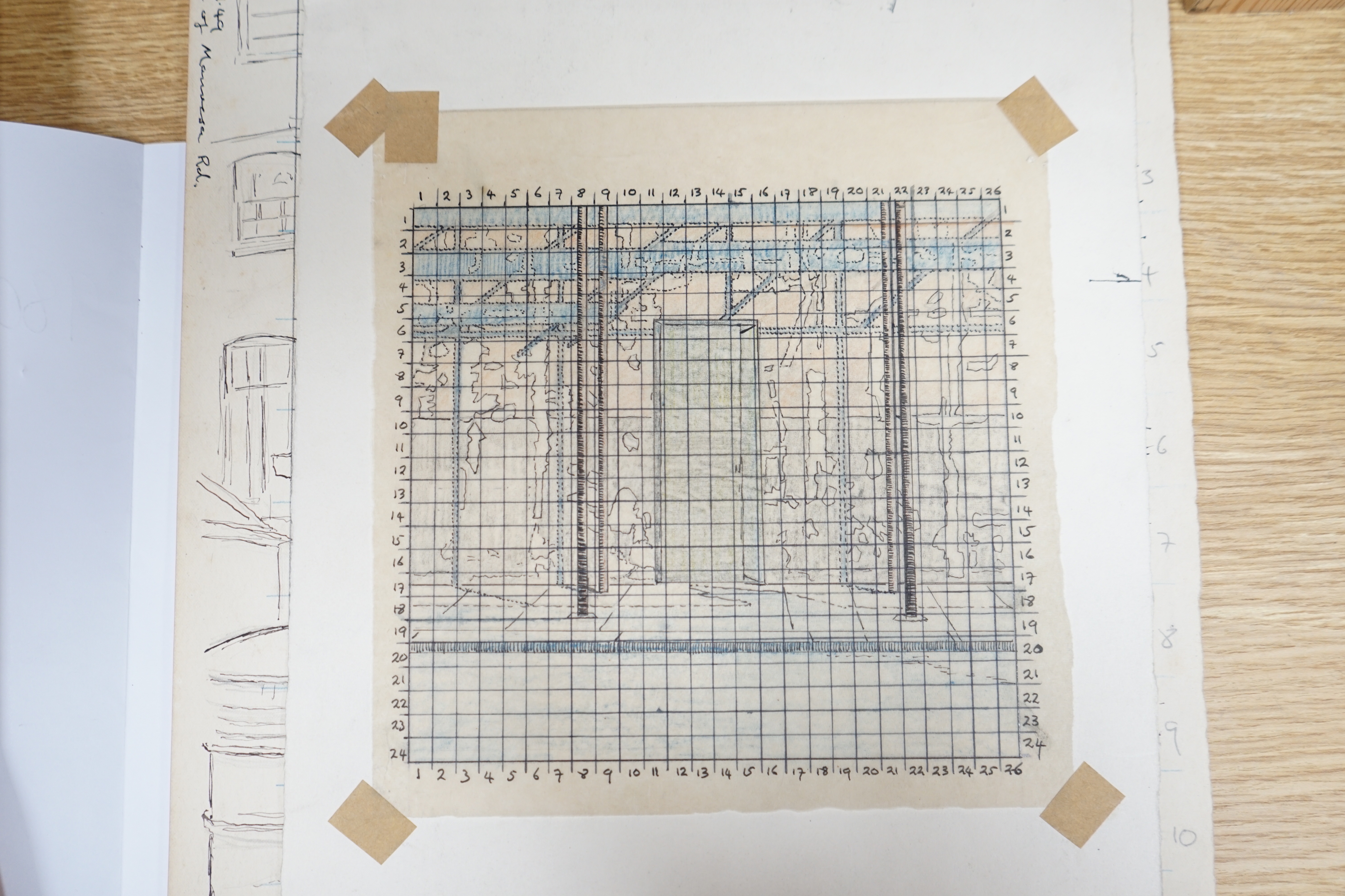 Clifford Hall (1904-1973) , four mixed media’s on paper, Landscapes with grid lines and birds in flight, one inscribed 'The King's Road' and dated 27.11.49, largest 39 x 27cm, all unframed